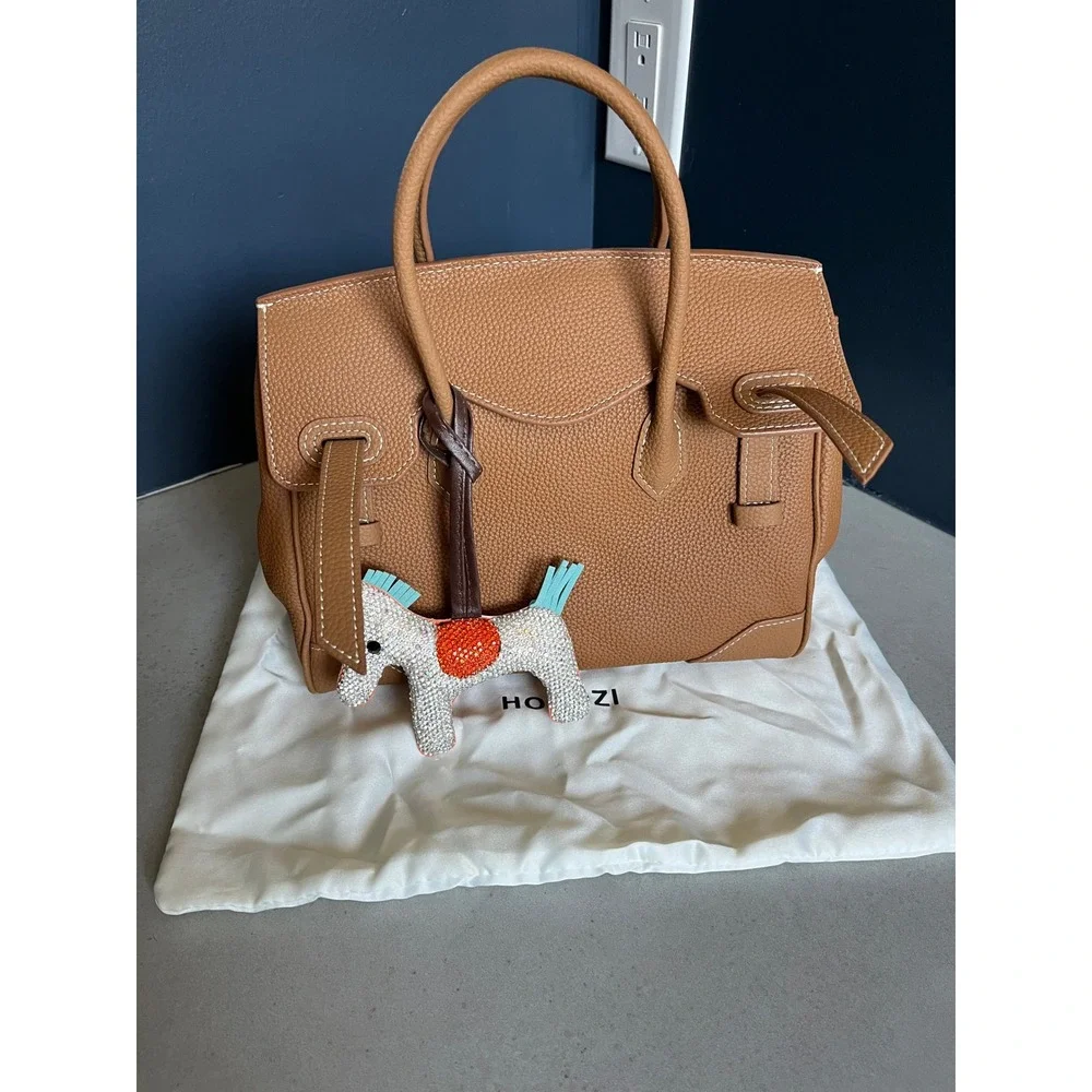 Hoyozi Tan Pebbled Leather Handbag Rhinestone Horse Charm Luxury Tote Boho Chic